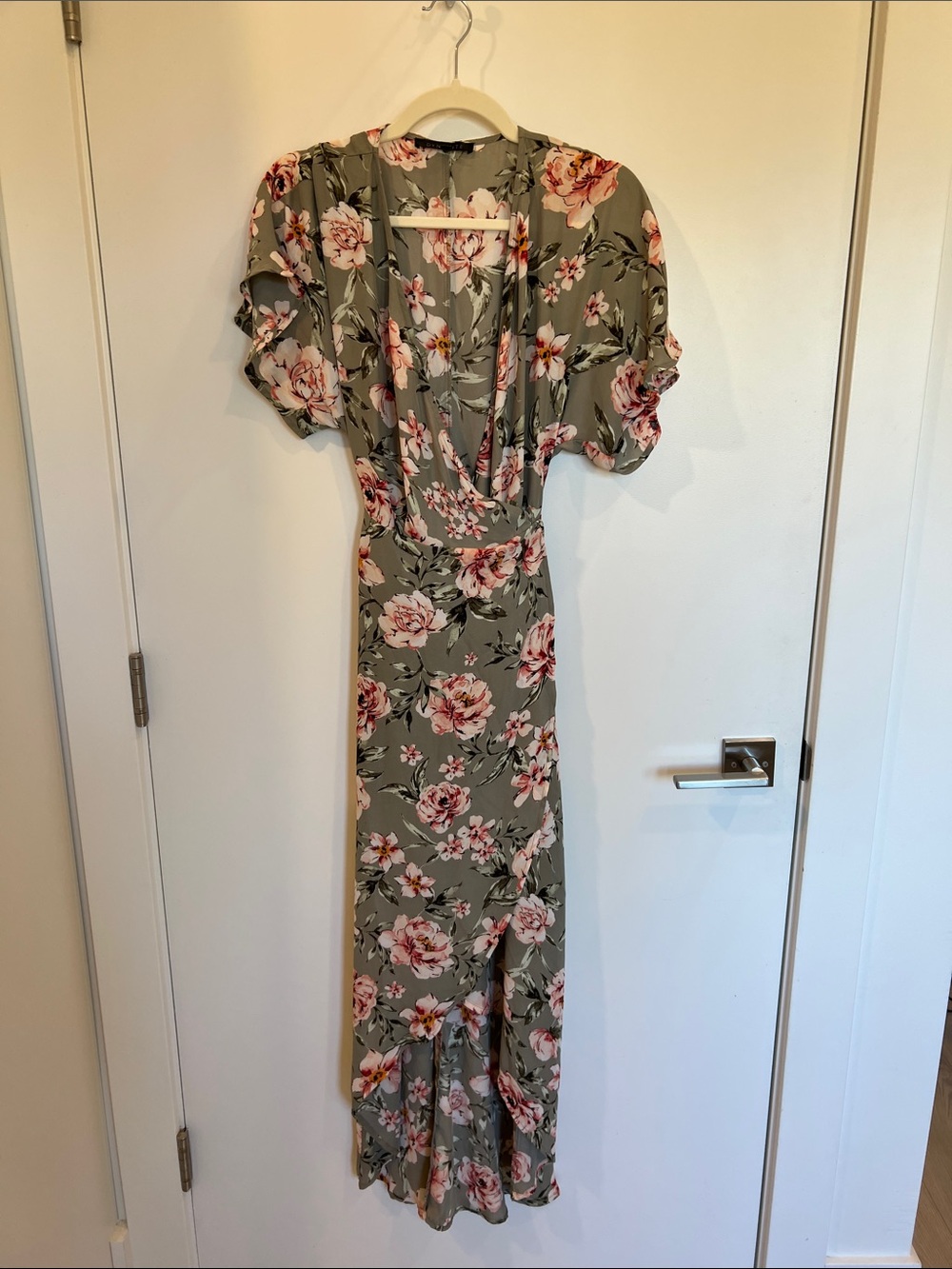Floral V-Neck Maxi Dress in Sage with Pink Roses High Low